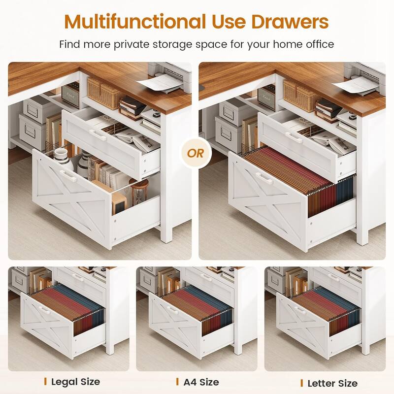 L Shaped Desk 55" Home Office Desk Drawers Storage Shelves
