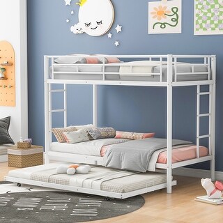 White Twin Over Twin Metal Bunk Bed with Trundle, Ladders, Easy Assembly