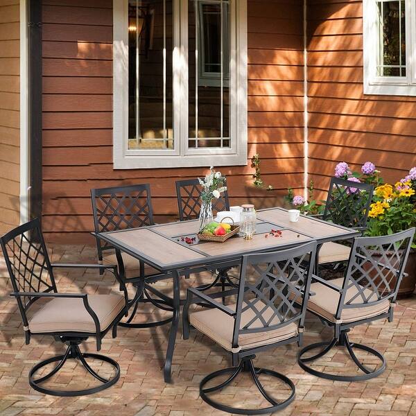 Shop Phi Villa Outdoor Patio Dining Set 7 Pieces Metal Furniture Set 6 X Swivel Chairs With 1 Rectangular Umbrella Wood Like Table Overstock 32063379