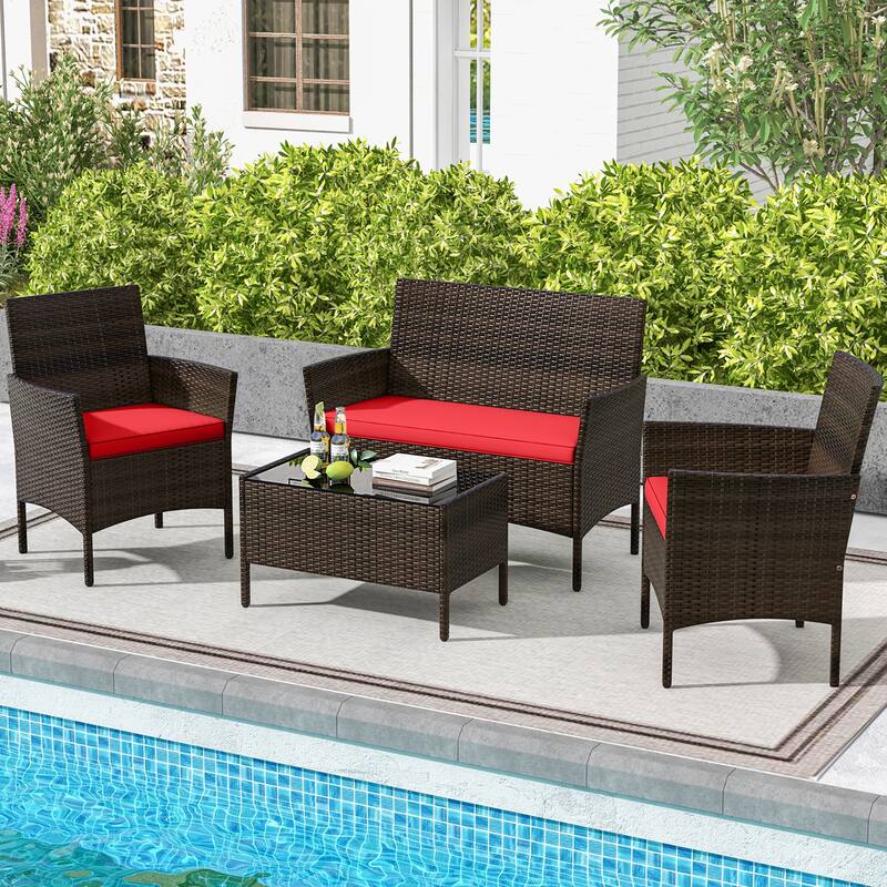 Gymax 4 PCS Patio Furniture Set w/Washable Cushions & Tempered Glass
