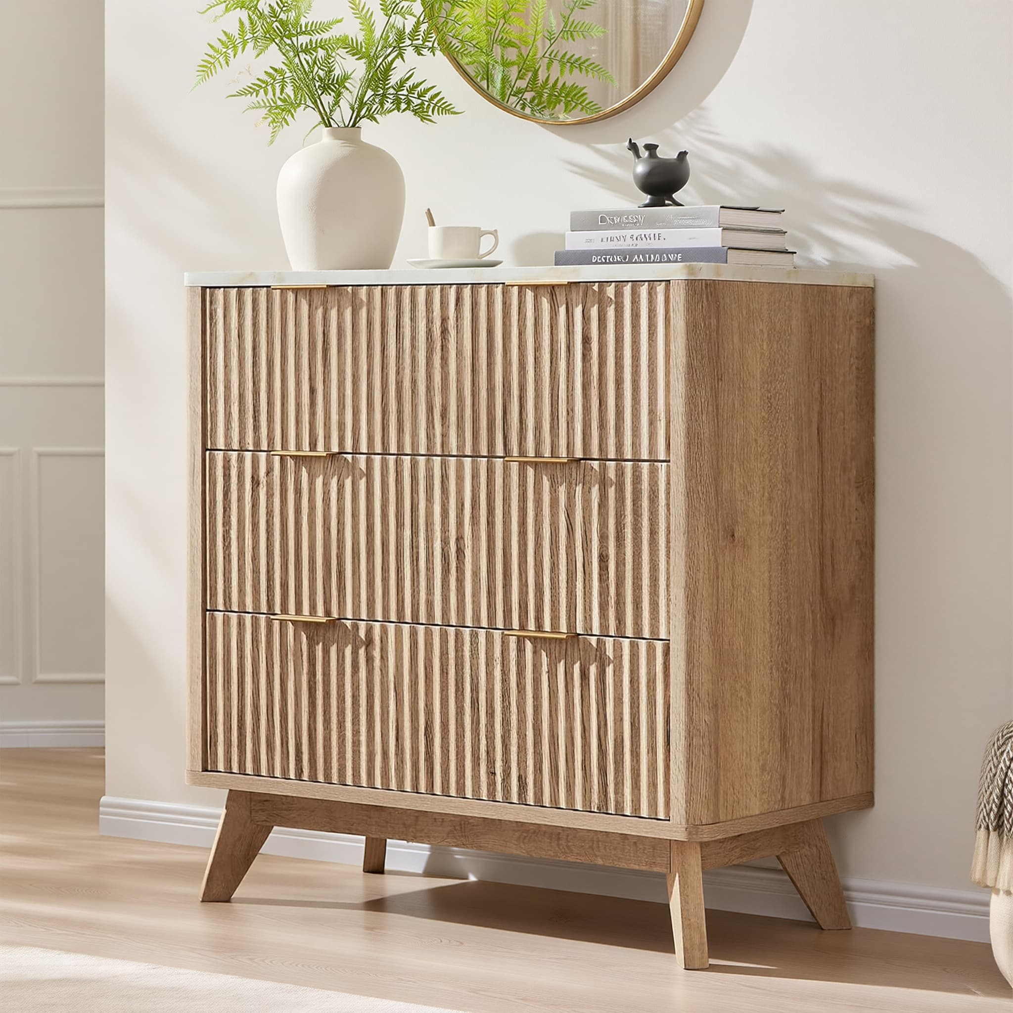 Modern fluted 3 Chest of Drawers, Dresser for Bedroom, Living Room