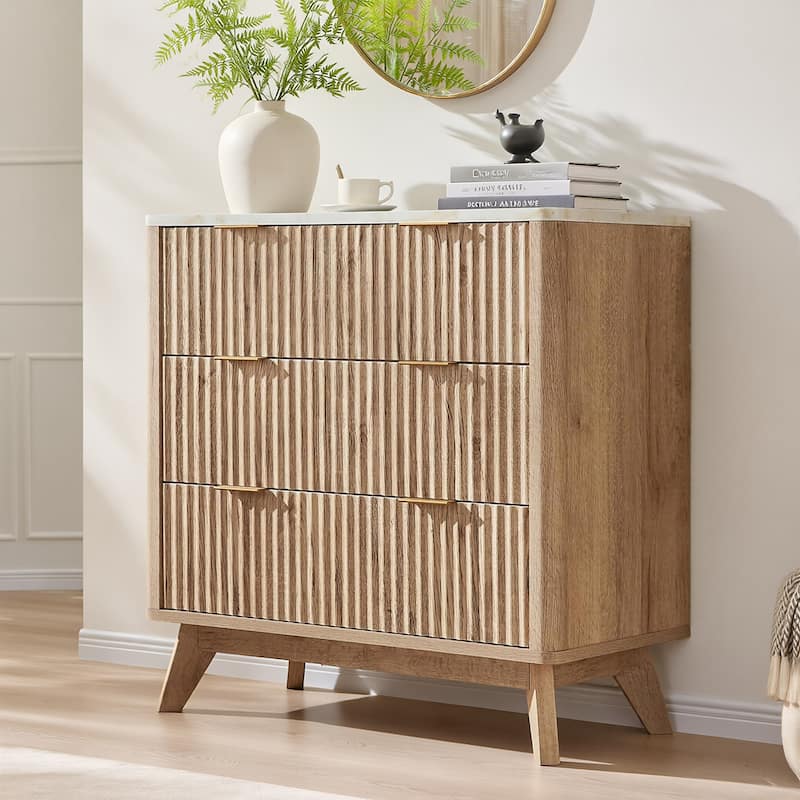 Modern fluted 3 Chest of Drawers, Dresser for Bedroom, Living Room - Oak
