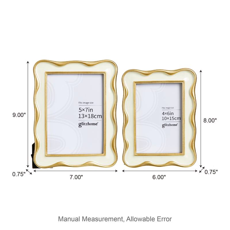 Glitzhome Set of 2 Vintage White Gold Wavy Resin 4x6 & 5x7 Tabletop or Wall Picture Frames