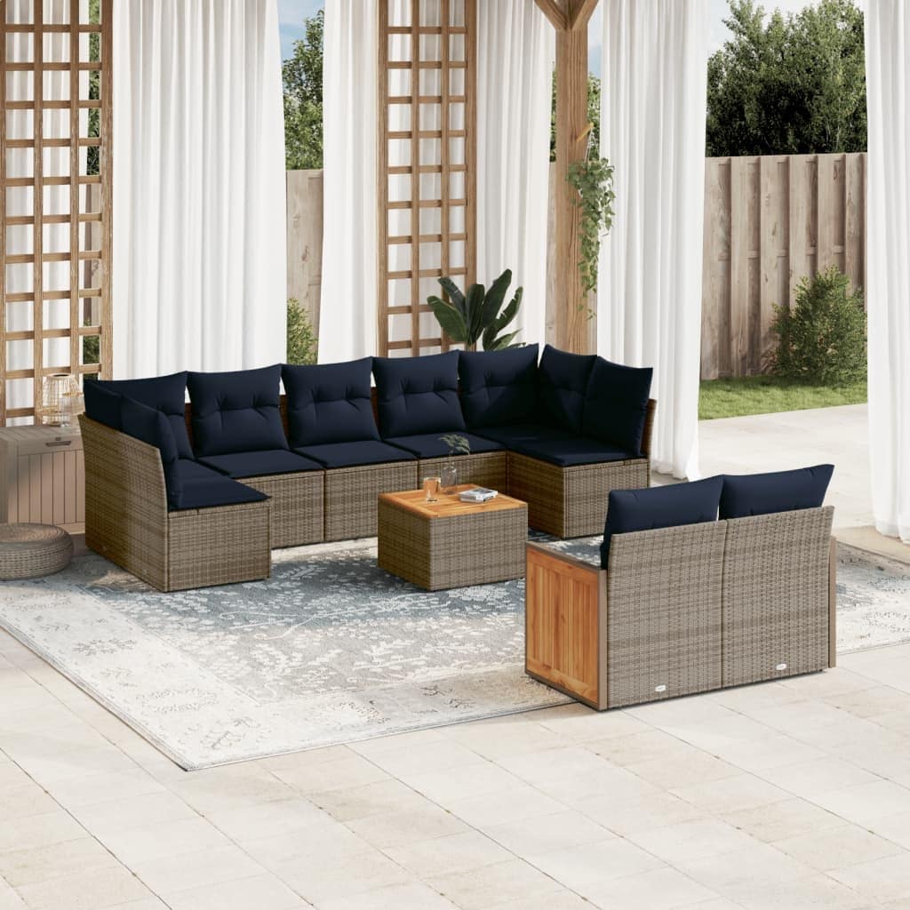vidaXL 10 Piece Patio Sofa Set with Cushions Gray Poly Rattan - 112.7x27.2x91.0