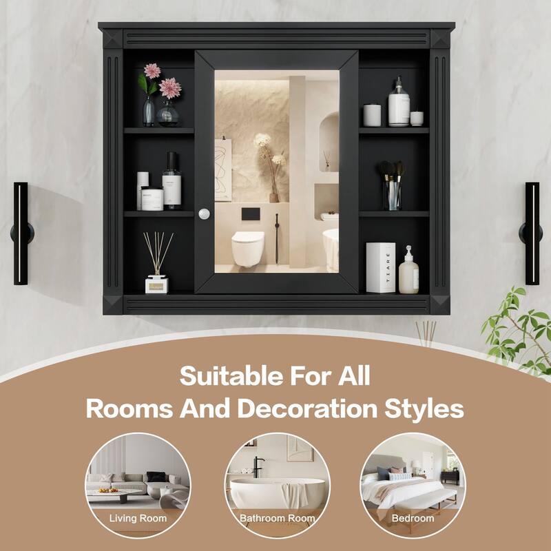 Wall-Mounted Medicine Cabinet with Mirror, Modern Bathroom Storage Cabinet, Adjustable Shelves, Towel Rod, Black
