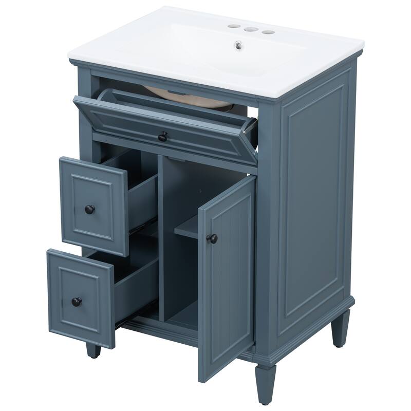 Roomfitters 24" Bathroom Vanity with Sink, Solid Wood Frame, Flip Drawer, 2 Side Drawers & Adjustable Shelf