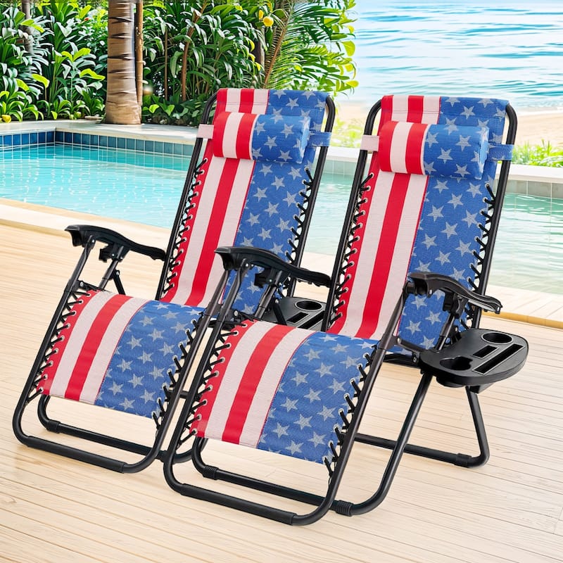 Set of 2 Zero Gravity Recliner Lounge Chairs with Cup Holders, Folding Patio Camping Beach Chairs for Outdoor Relaxation