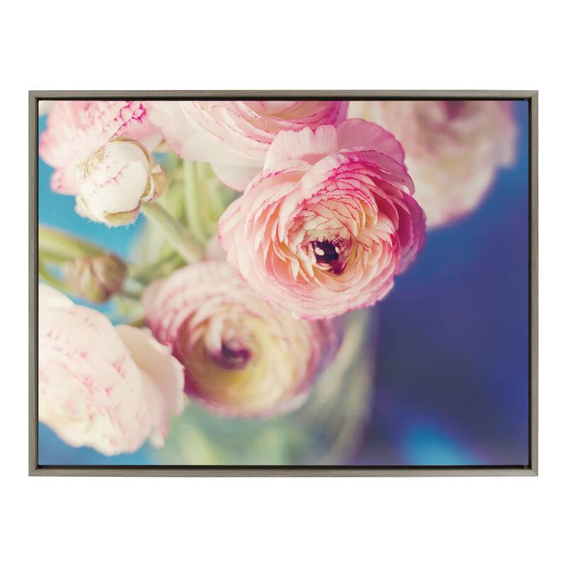Kate and Laurel Sylvie Ranunculus in Blue Framed Canvas by Kristybee - 28x38 - Plastic - Grey