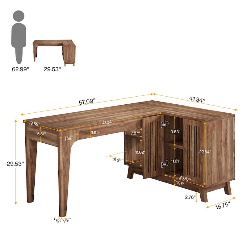 L-Shaped Desk with Storage Cabinet, 57-Inch Wood Corner Workstation