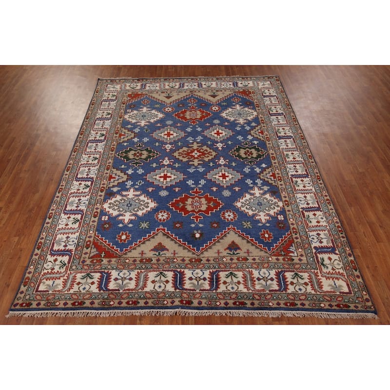 Blue Geometric Kazak Oriental Area Rug Handmade Wool Carpet - 8'0" x 9'11"
