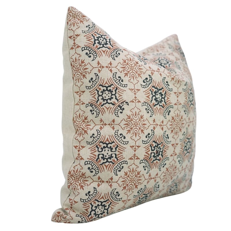 Fabdivine Sustainable Pillow Cover Soft Pure Linen Black Floral Block Print for Boho Living or Bed Room 12x20 Inch, Chakravyuh