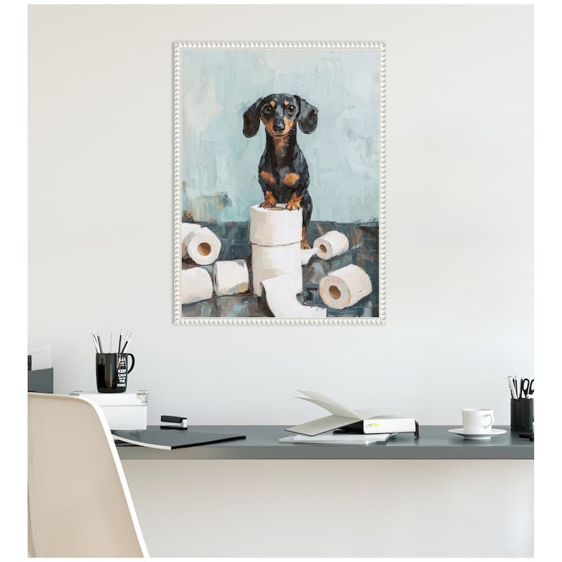 Kate and Laurel Sylvie Cute Dachshund Dog Toilet Paper Rolls Blue Teal Bathroom Art Framed Canvas by The Creative Bunch Studio