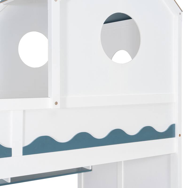 Twin Over Twin Bunk Bed with Stairs, LED Lights, Storage Drawers, House Shaped Wood Loft Bed with Guardrail