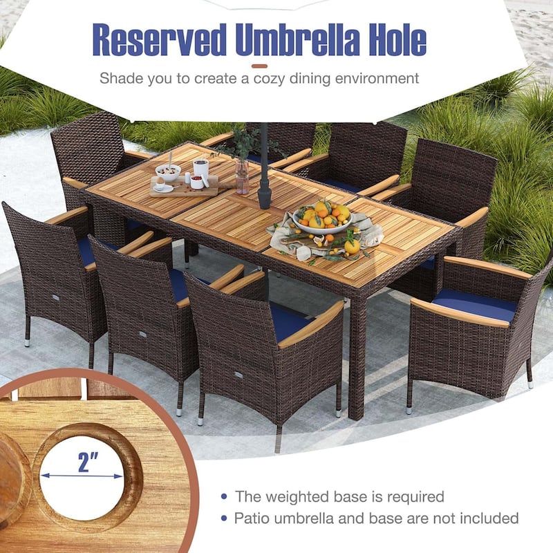 9 PCS Patio PE Wicker Dining Set Outdoor Acacia Wood Table &Chairs Set