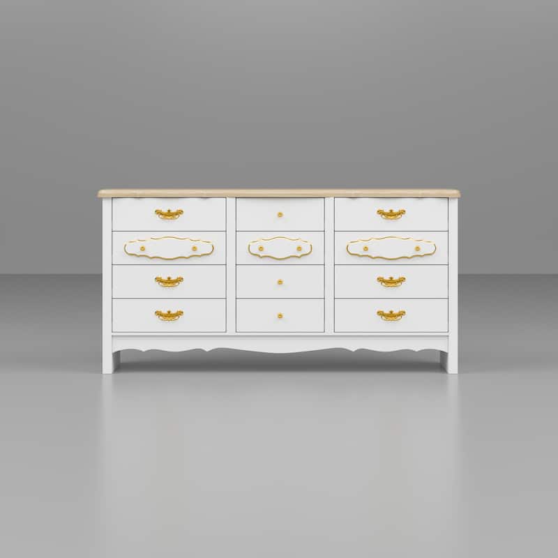 Luxury White and Gold 12-Drawer Dresser with Pine Wood Top Elegant Storage Cabinet for Bedroom or Living Room