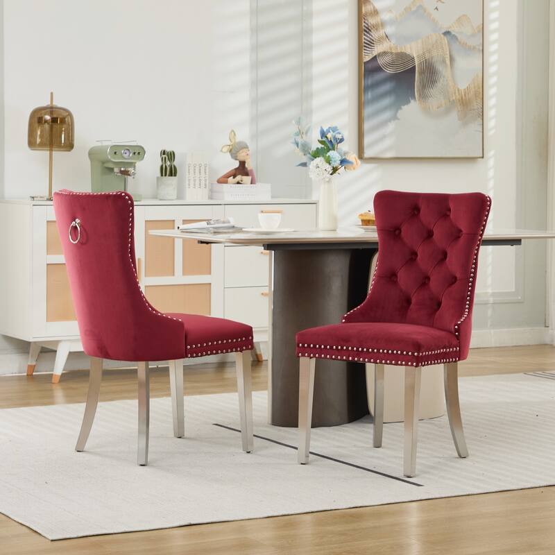Velvet Dining Chairs Set of 2, Button Tufted Upholstered Dining Chair, Kitchen Chairs with Nailhead Trim & Stainless Steel Legs
