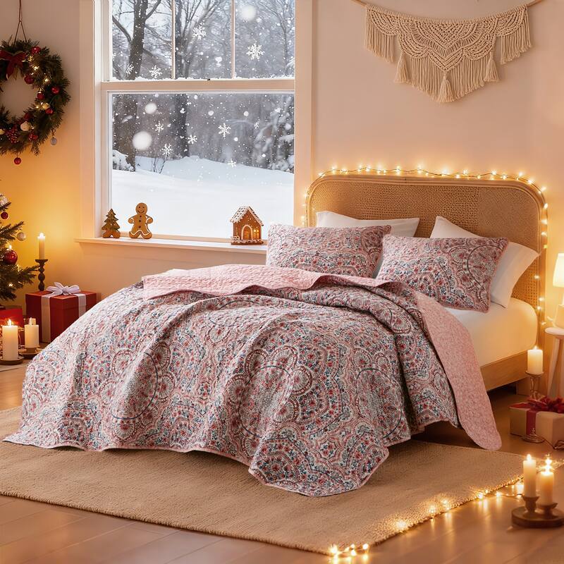 Chelsea Square Valerie Boho Floral Reversible Quilt - Pink - Queen
