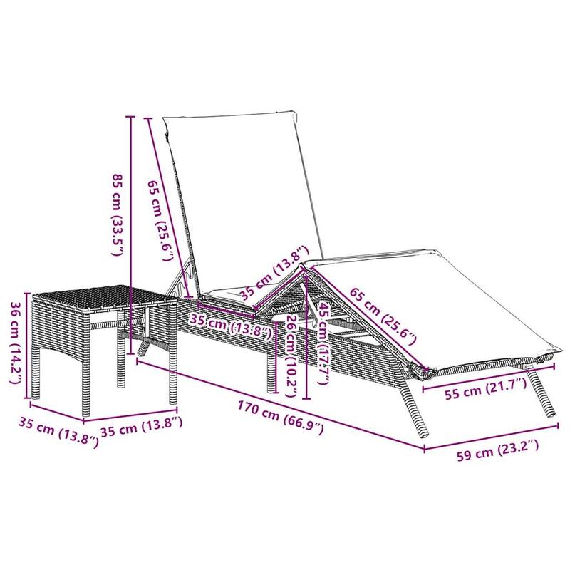 vidaXL Sun Loungers with Table Chaise Lounge 2 Pcs Poly Rattan Brown/Gray/Black - 23.2 x 78.7 x 33.5