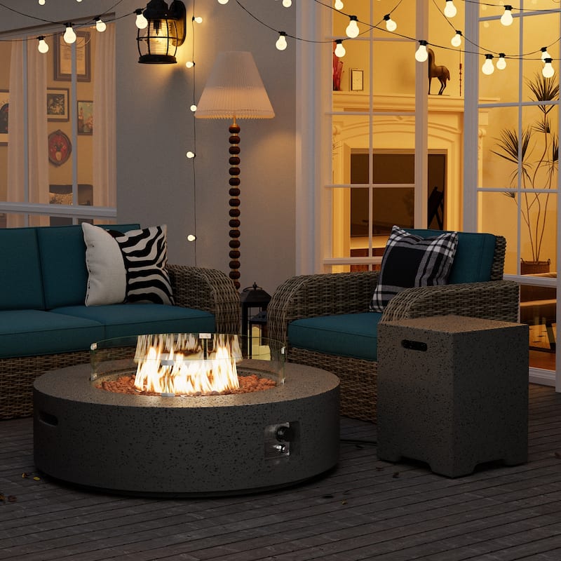 SUNBURY Round Outdoor Propane Fire Pit w Wind Guard and Tank Cover - Stone Grey