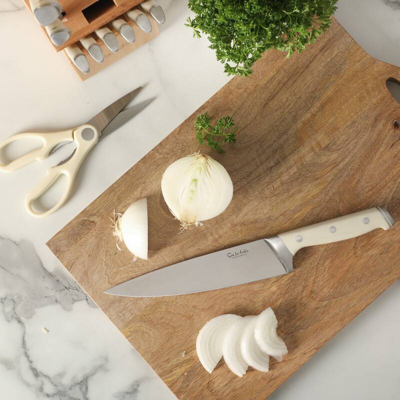 Sur La Table Kitchen Essentials 14 Piece Cutlery Set, German Steel Forged Knives, Beech Wood Block