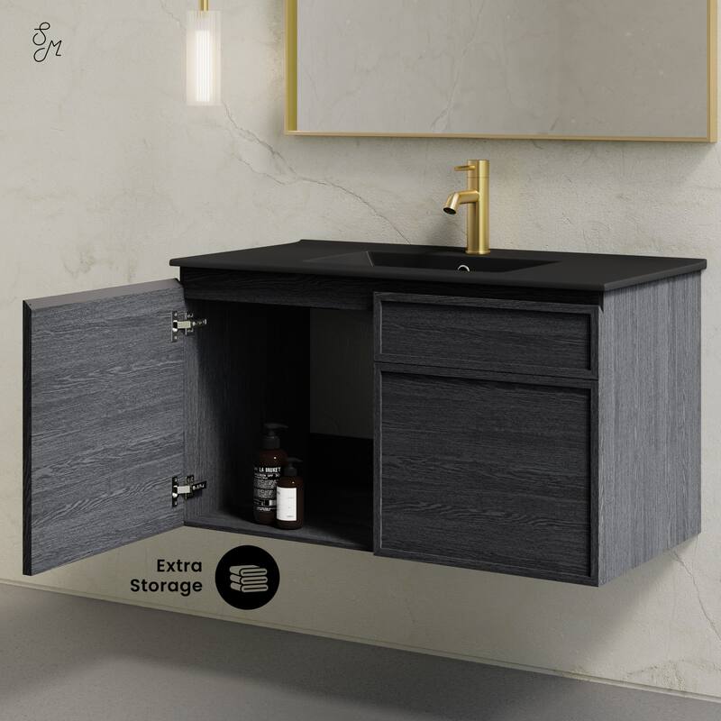 St. Tropez 36" Wall-Mounted Bathroom Vanity In Black Oak With Black Sink Top - 36