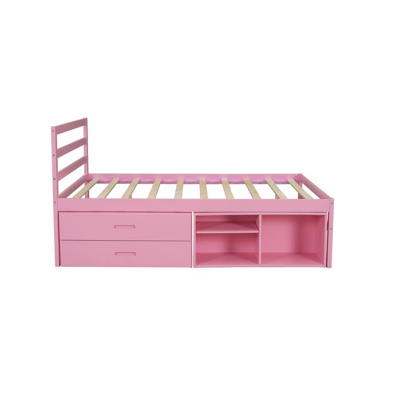 Full Size Wood Platform Bed with Removable Storage Shelves and Built-in Two Storage Drawers