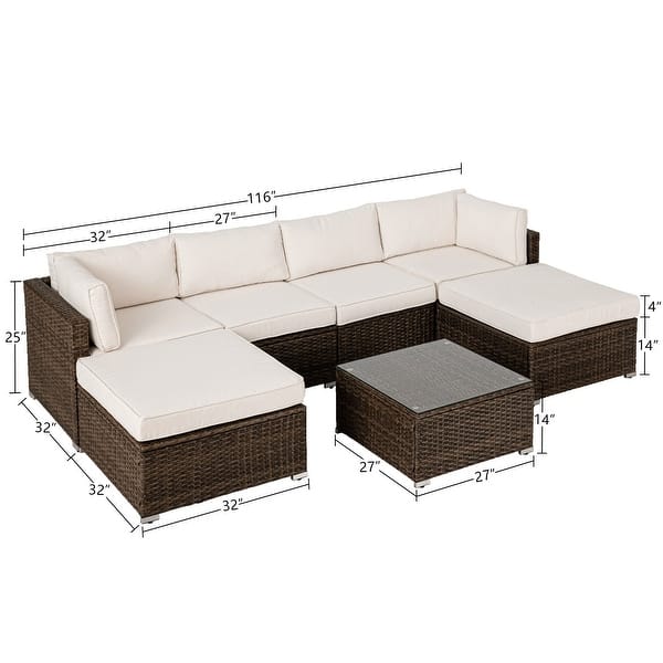 dimension image slide 2 of 5, COSIEST 7-Piece Outdoor Patio Wicker Sectional Sofa with Coffee Table