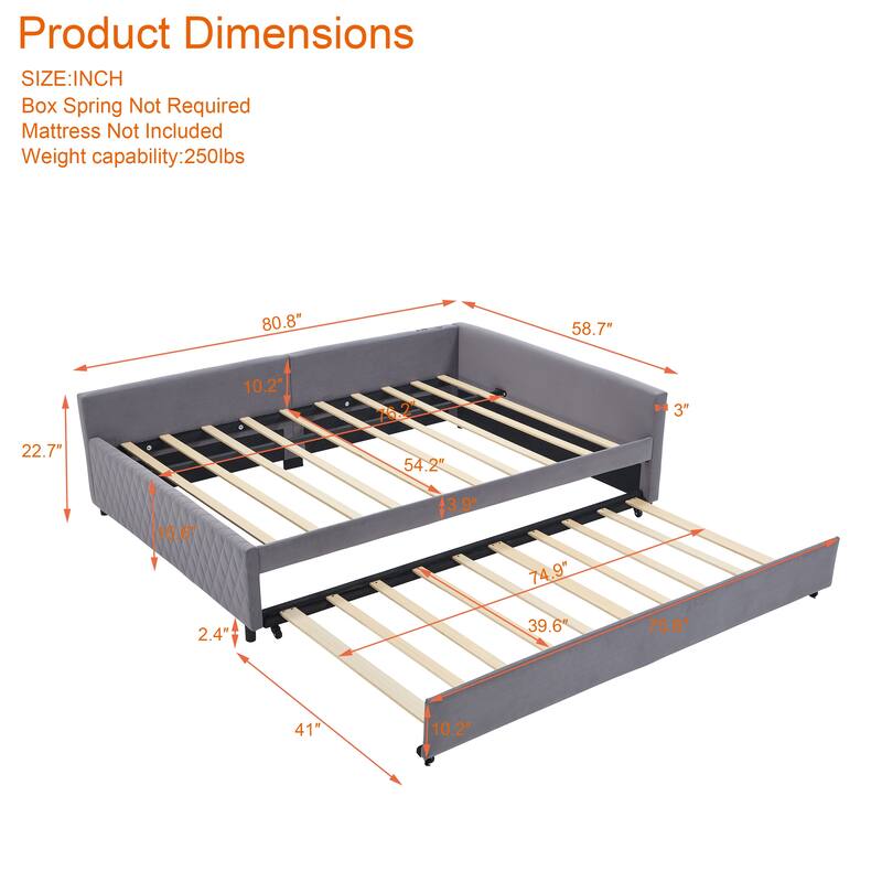 Upholstered Daybed with Trundle - Modern Diamond Grid Design on Sturdy Wood Frame for Guest Room