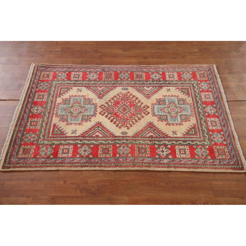 Geometric Kazak Accent Rug Handmade Oriental Beige Wool Carpet - 2'9"x 4'0"