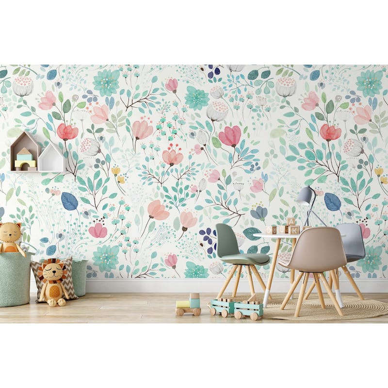 GK Wall Design Colorful Puppy Flowers with White Background Removable Wallpaper