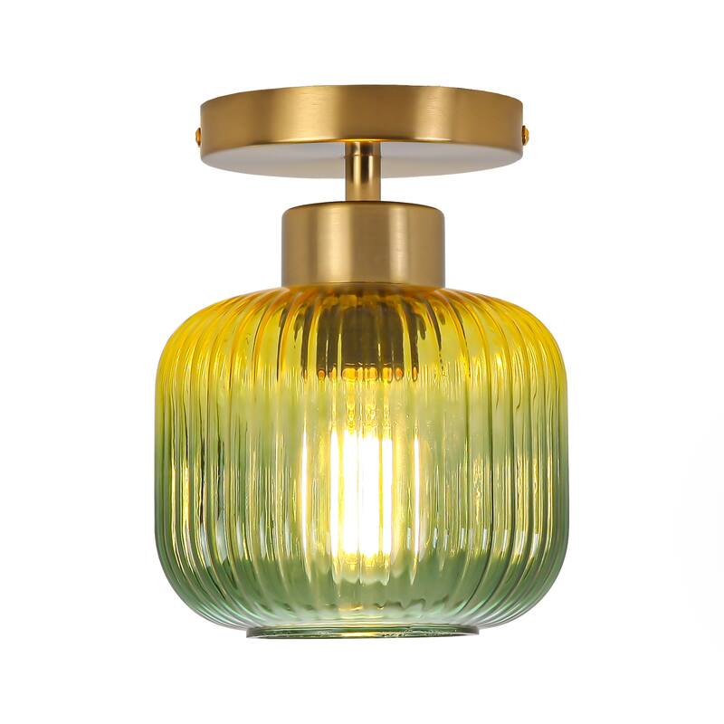 5.9" Wide Vintage Gold Semi Ceiling Light Flush Mount with Green Glass - D 5.9" x H 7.7"