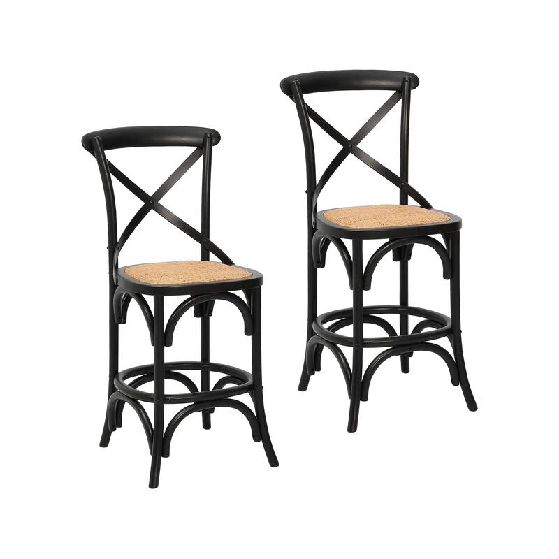 Porthos Home Ziva Counter Stools Set of 2, Elm Wood with Woven Rattan - Black