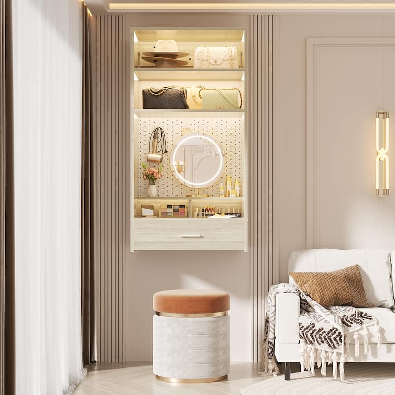 25'' W Hanging Closet System with Vanity Desk, Closet Organizer with Wood Drawer and Storage Shelves and Magnetic Pegboard - White Oak