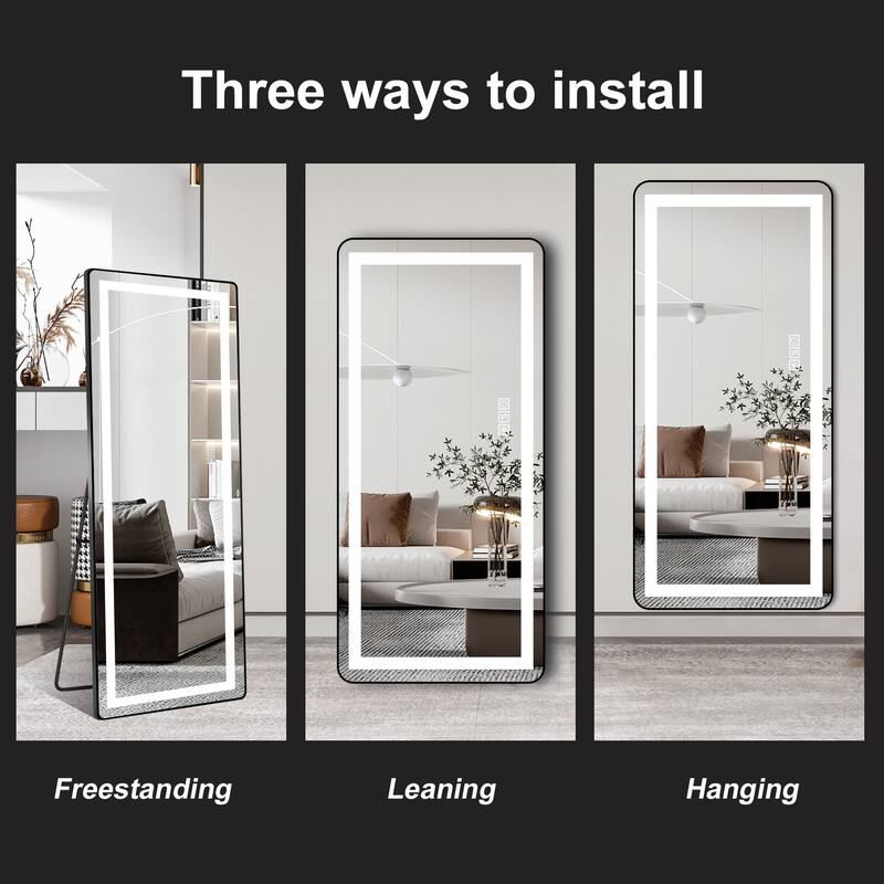64 inch x 21 inch full-length vertical mirror with LED light, illuminated floor mirror with bracket,