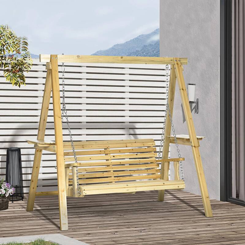 2-Seat Wooden Porch Swing, Stand, Side Tables, Metal Chains, Outdoor - Natural