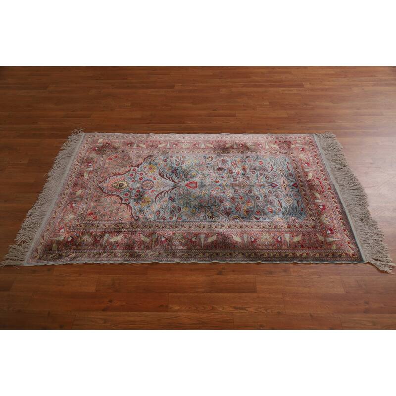 Hand Knotted Oriental Silk Carpet Traditional Floral Navy Blue & Blues Hereke Area Rug - 4' 10'' X 3' 3''