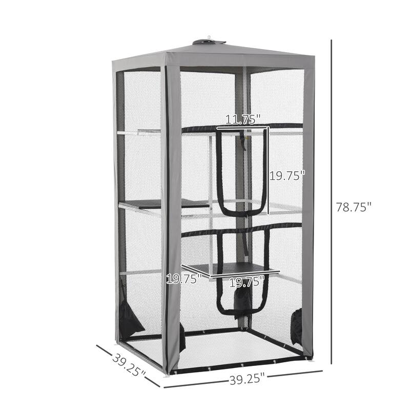 Grey-White-Black Metal Cat House with 3 Platforms and Outdoor Stability