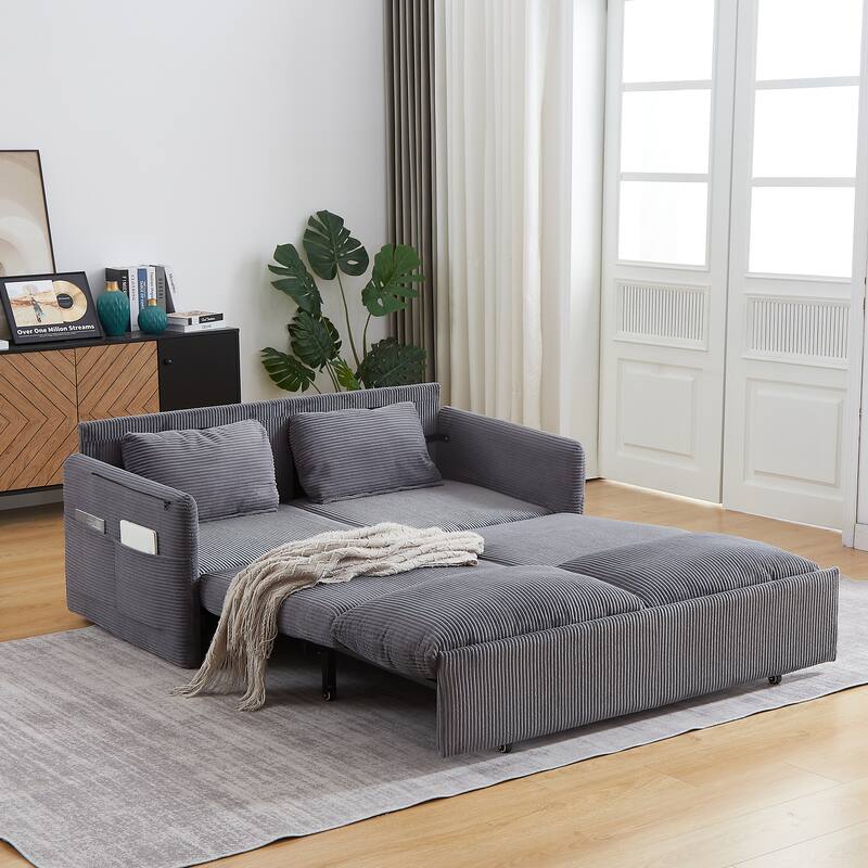65" Corduroy 2-Seater Sleeper Sofa, 3-in-1 with Storage and Side Pocket