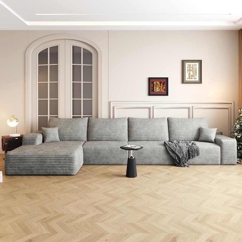Large Sleeper Sectional Couch L-Shape Floor Modular Recliner Sofa Corduroy Upholstered Chaise Lounge with Ottoman for Livingroom