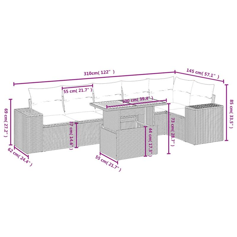 vidaXL Patio Sofa Set with Cushions Table and Modular Sofas 7 Piece Poly Rattan