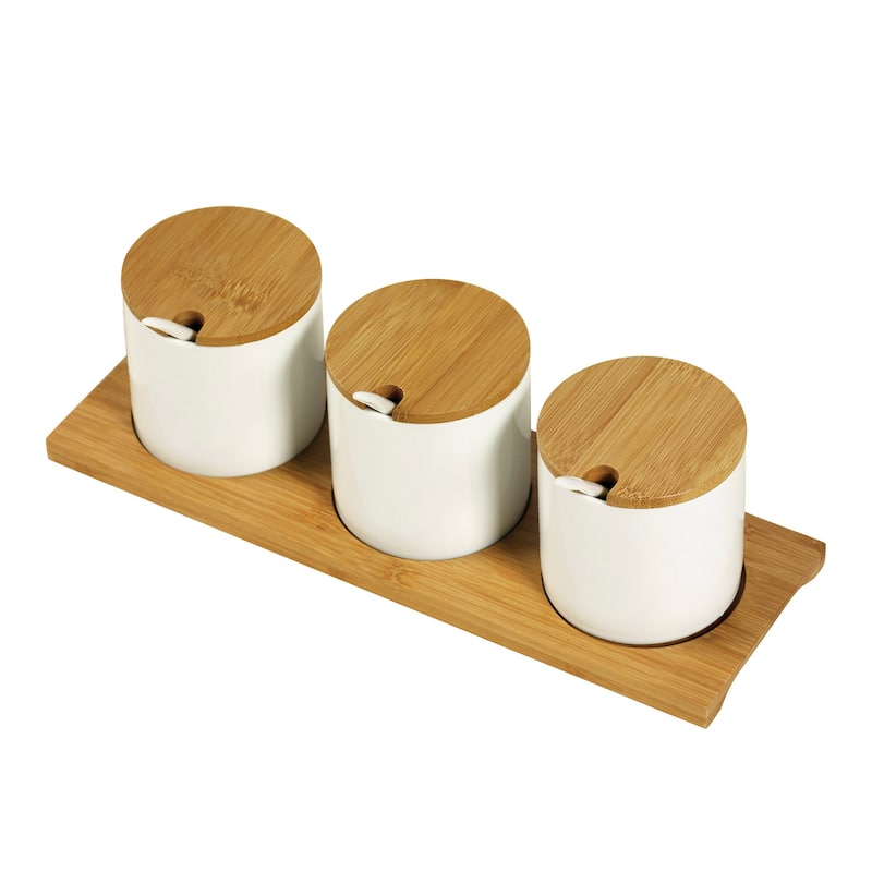 10pc Bamboo & Ceramic Condiment Set - White