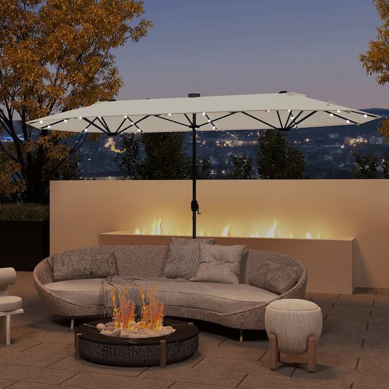 Gymax 13FT Double-sided Patio Umbrella w/ Solar Lights Crank Handle - Beige