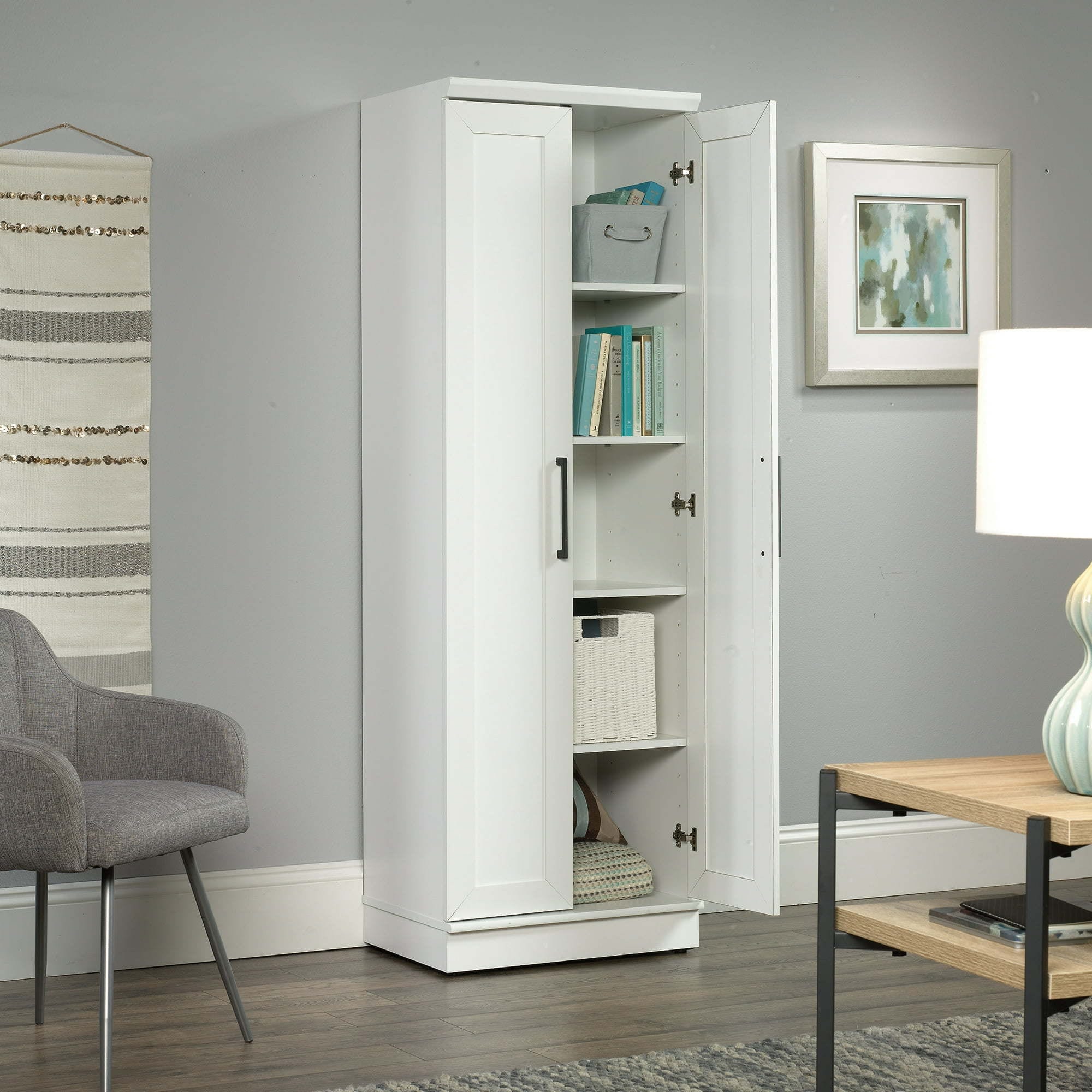 Sauder HomePlus 2-Barn Door Engineered Wood Narrow Storage Cabinet in Soft  White