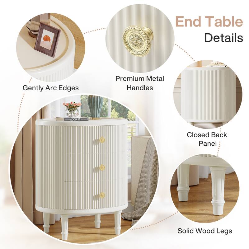 Oval End Table with 3 Storage Drawers and Gold Handles, White, No Assembly Required