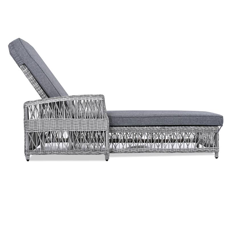 Anmytek Adjustable Wicker Outdoor Chaise Lounge with Gray Cushions and Armrests