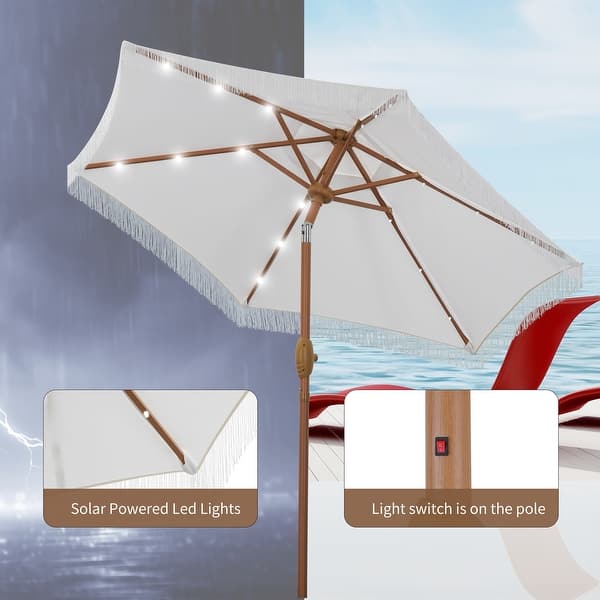 7ft patio umbrella with solar lights Ainfox 7FT Outdoor Patio Umbrella with Tilt Fringe Tassel Umbrella with LED Solar Lights