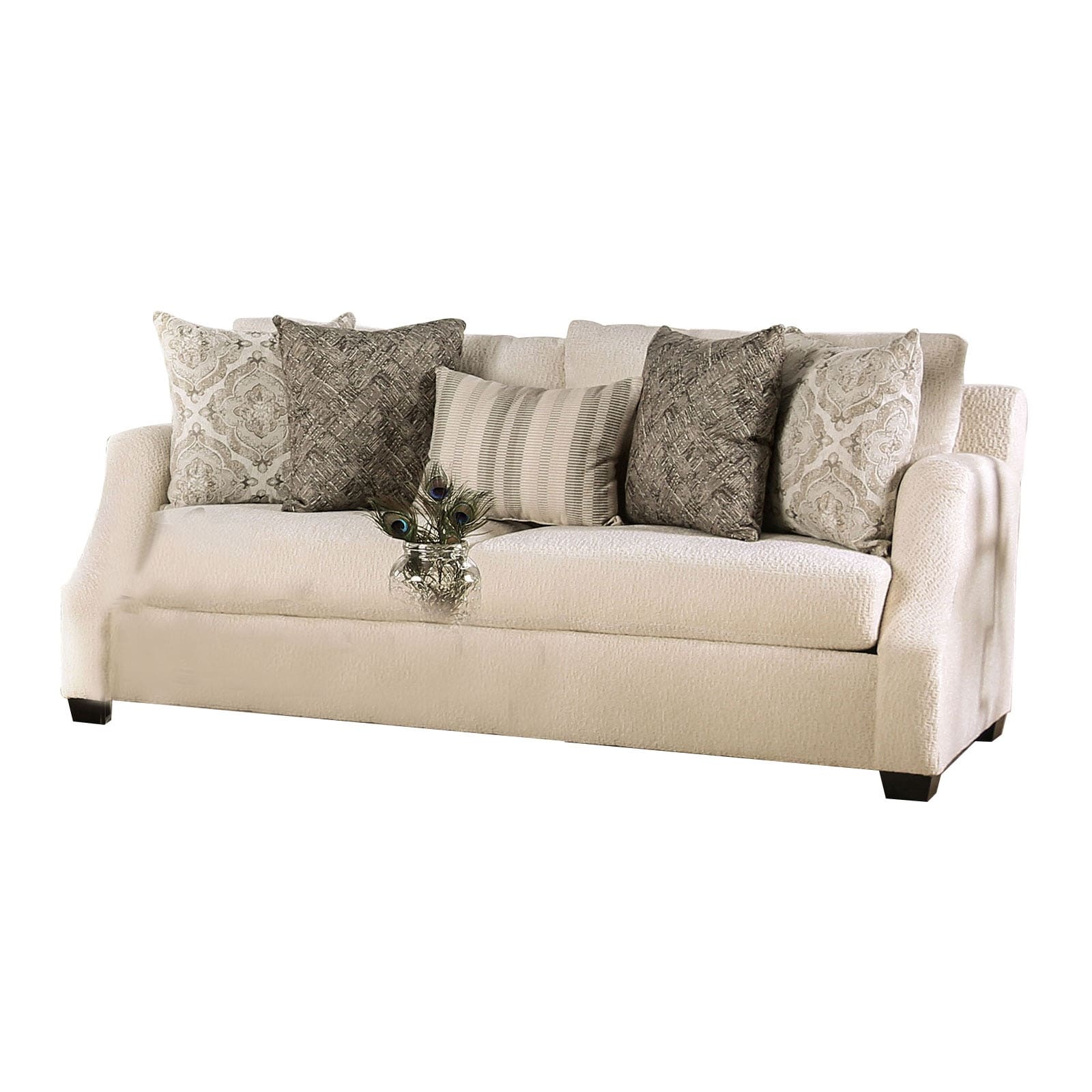 Simple Relax Chenille And Wooden Sofa with Rounded Armrests in Ivory