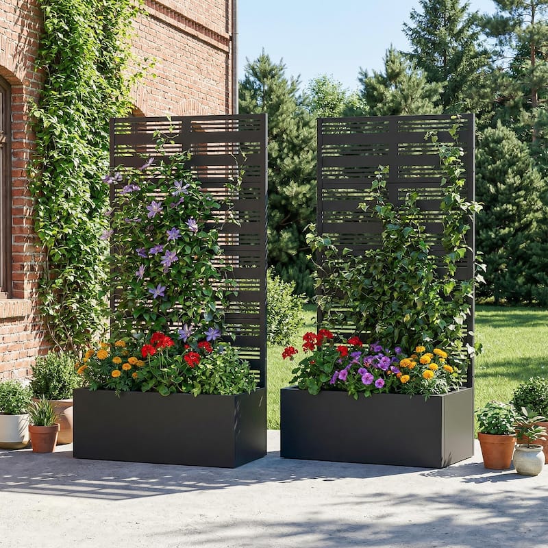 Metal Galvanized Planter Box with Trellis Privacy Screen Lockable Wheels Set of 2