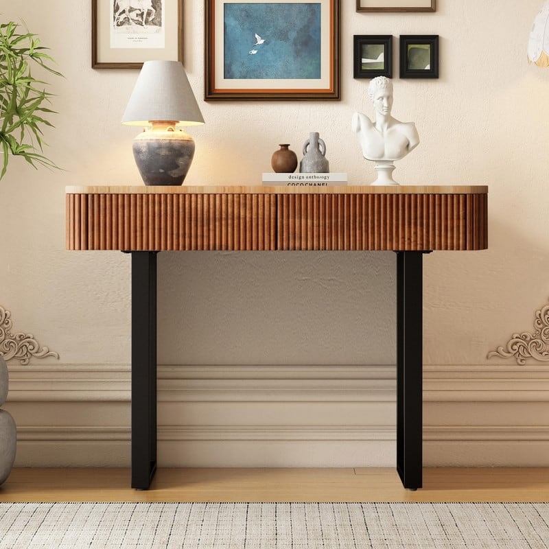 Solid Wood Entryway Table with Fluted Drawers Console Table with Storage Solutions - Natural
