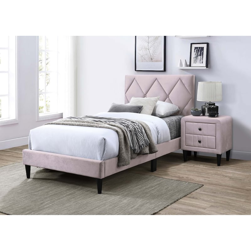 Adjustable Headboard Twin Bed with Velvet Upholstery and 12-Slat Support System - Light Pink